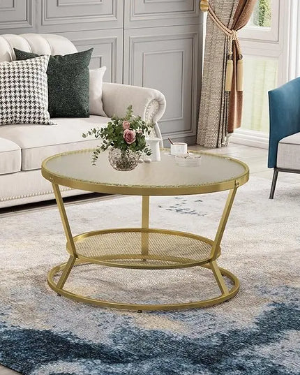 O&K FURNITURE Round Gold Coffee Table, 2-Tier Coffee Table for Living Room, Gold Glass Coffee Table with Ring-Shaped Frames, Center Table for Home&Office, Gold Finish - LeafyLoom