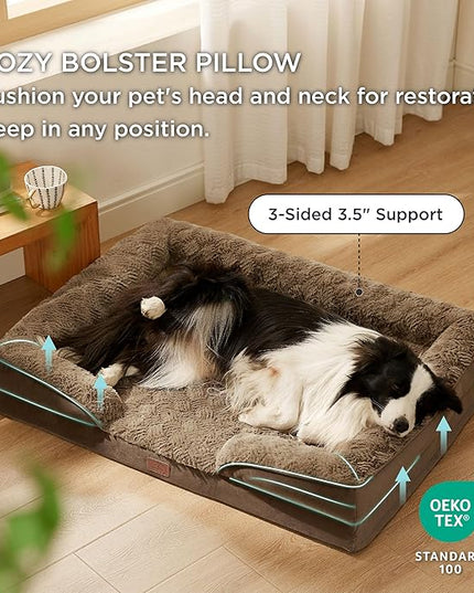 Bedsure Orthopedic Dog Bed for Large Dogs - Calming Dog Sofa Beds Large with Luxurious Plush, Big Pet Couch Bed with Removable Washable Cover, Waterproof Lining and Nonskid Bottom, Brown BEDSURE