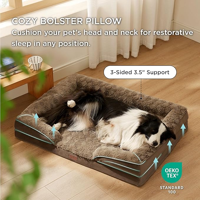 Bedsure Orthopedic Dog Bed for Large Dogs - Calming Dog Sofa Beds Large with Luxurious Plush, Big Pet Couch Bed with Removable Washable Cover, Waterproof Lining and Nonskid Bottom, Brown BEDSURE