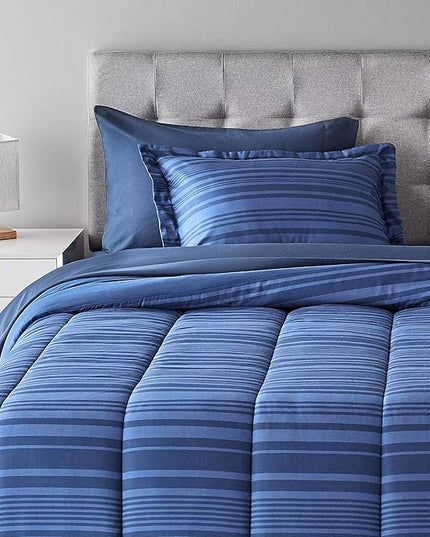 Amazon Basics Lightweight Microfiber Bed-in-a-Bag Comforter 5-Piece Bedding Set, Twin/Twin XL, Blue Calvin Striped - LeafyLoom