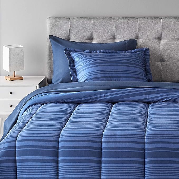 Amazon Basics Lightweight Microfiber Bed-in-a-Bag Comforter 5-Piece Bedding Set, Twin/Twin XL, Blue Calvin Striped - LeafyLoom