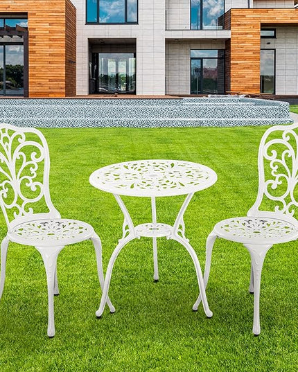 3 Piece Patio Set Outdoor Cast Aluminum Patio Bistro Table and Chairs Set of 2,All Weather Outdoor Bistro Sets with 1.97" Umbrella Hole for Front Porch Set,Garden(White) - LeafyLoom