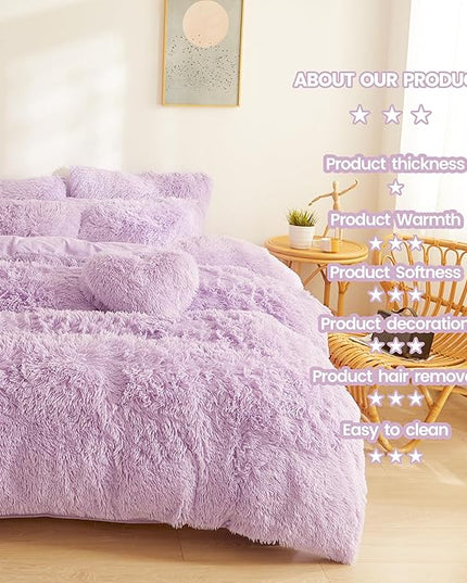 FOPPA Lilac fluffy Comforter Cover Set king- Ultra Soft fluffy lilac Bedding Sets 3 Pieces (1 Duvet Cover + 2 Pillow case) pink fluffy bed set (Lilac, King) - LeafyLoom