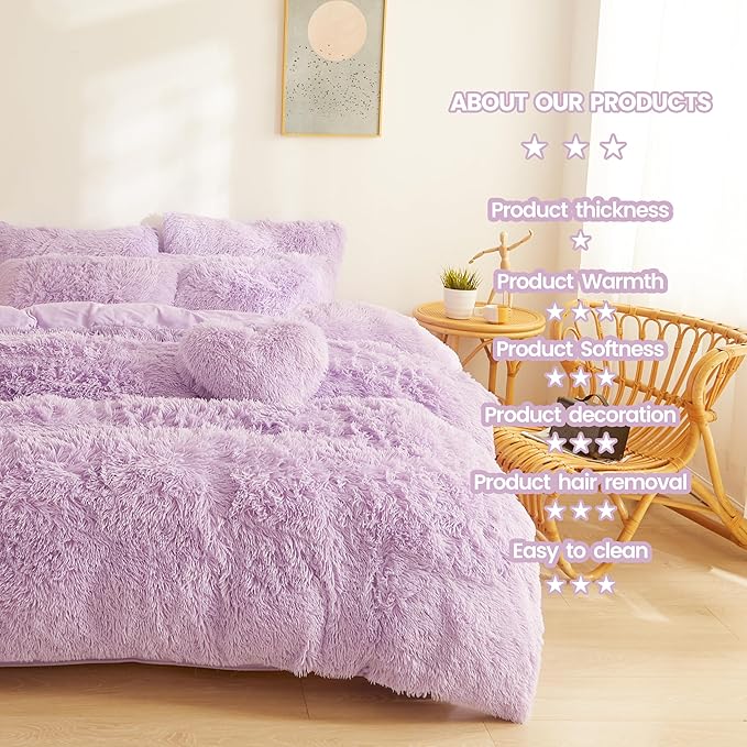 Fluffy Lilac comforters Cover twin size - Ultra Soft Plush Lilac bedding Sets 2 Pieces (1 faux fur comforter Cover + 1 fuzzy pillow case) girls shaggy Lilac twin bed set (Lilac, Twin) - LeafyLoom