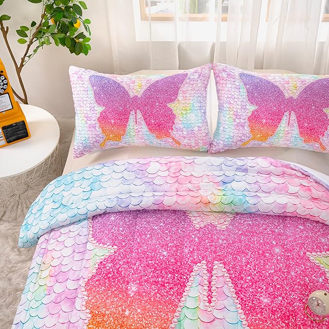 CVHOUSE Butterfly Bedding Set,Butterfly Comforter Twin,Butterfly Comforter Set for Girls Kids Teens,Butterflies Quilt Set with 1 Comforter and 2 Pillow Cases- 3 Piece - LeafyLoom