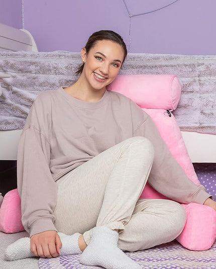 Husband Pillow XXL Pink Backrest with Arms, Adult Reading Pillow with Shredded Memory Foam, Ultra-Comfy Removable Microplush Cover & Detachable Neck Roll, Unmatched Support for Bed Rest Sit Up Pillow - LeafyLoom