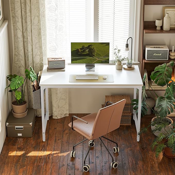 CubiCubi Computer Desk 40" Study Writing Table for Home Office, Modern Simple Style PC Desk, White Metal Frame, White - LeafyLoom