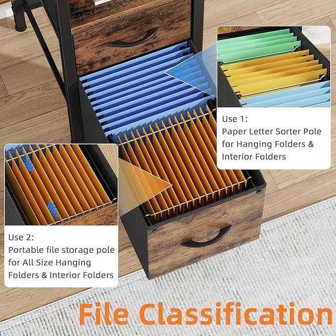 63'' Office Desk with 4 Fabric File Drawers - File Drawer Organization, Computer Work Desk, Study Writing Table, Home Office Workstation, Rustic Brown. - LeafyLoom