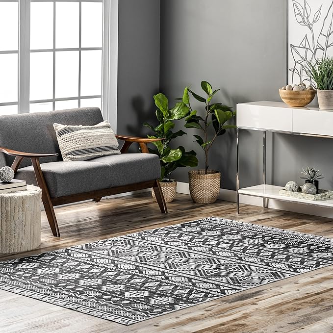 nuLOOM Madlyn Tribal Machine Washable Ultra Thin Area Rug, 6' x 9', Charcoal - LeafyLoom