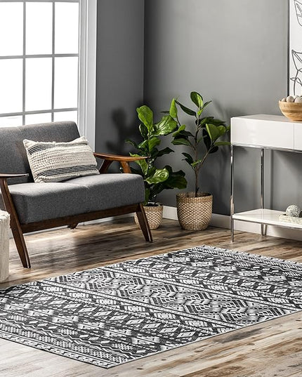 nuLOOM Madlyn Tribal Machine Washable Ultra Thin Area Rug, 4' x 6', Charcoal - LeafyLoom