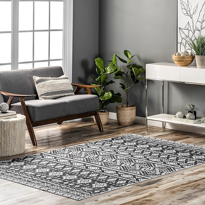 nuLOOM Madlyn Tribal Machine Washable Ultra Thin Area Rug, 5' x 8', Charcoal - LeafyLoom