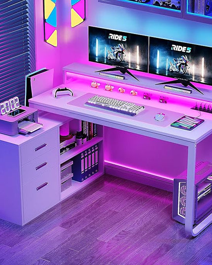 YITAHOME L Shaped Desk with Drawers, 55" Corner Computer Desk with Power Outlets, L-Shaped Desk with LED Lights & File Cabinet for Home Office, White - LeafyLoom