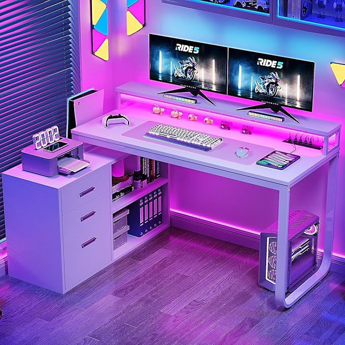 YITAHOME L Shaped Desk with Drawers, 55" Corner Computer Desk with Power Outlets, L-Shaped Desk with LED Lights & File Cabinet for Home Office, White - LeafyLoom