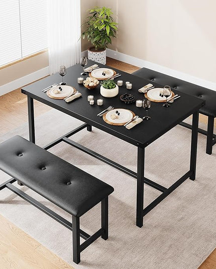 GAOMON Dining Table Set for 4, Kitchen Table with Benches, Rectangular Dining Room Table Set with 2 Upholstered Benches, 3 Piece Kitchen Table Set for Small Space, Apartment, Studio, Retro Black - LeafyLoom