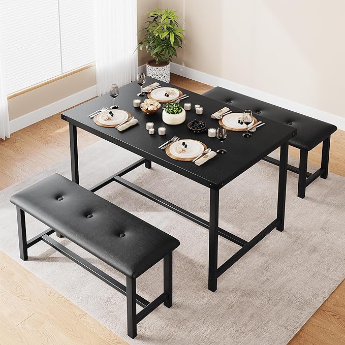 GAOMON Dining Table Set for 4, Kitchen Table with Benches, Rectangular Dining Room Table Set with 2 Upholstered Benches, 3 Piece Kitchen Table Set for Small Space, Apartment, Studio, Retro Black - LeafyLoom