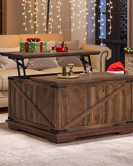 YITAHOME Farmhouse Lift Top Coffee Table, Square Wood Center Table with Large Hidden Storage Compartment for Living Room, Rustic Cocktail Table with Lift Top for Home Office,Reclaimed Barnwood - LeafyLoom