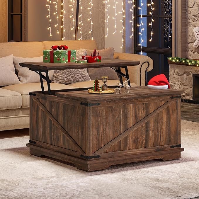 YITAHOME Farmhouse Lift Top Coffee Table, Square Wood Center Table with Large Hidden Storage Compartment for Living Room, Rustic Cocktail Table with Lift Top for Home Office,Reclaimed Barnwood - LeafyLoom