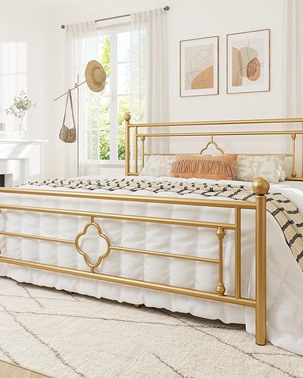 Allewie King Size Metal Platform Bed Frame with Victorian Vintage Headboard and Footboard/Mattress Foundation/Under Bed Storage/No Box Spring Needed/Noise-Free/Easy Assembly, Gold - LeafyLoom