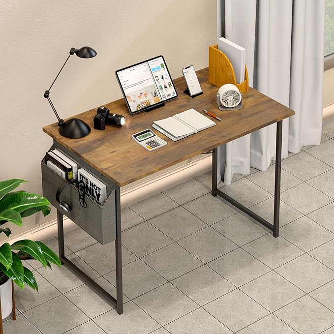 YSSOA Computer Desk Home Office Work Study Writing Modern Simple Table with Headphone Hooks, 40 Inch, Deep Brown - LeafyLoom