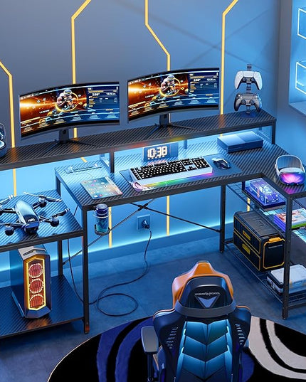 Bestier Gaming Desk with Power Outlet, 71.5 inch LED Computer Desk with Monitor Stand, L Shaped Large Desk with Metal Shelf, Cup Holder & Headset Hooks, Corner Desk for Bedroom 3D Carbon Fiber - LeafyLoom