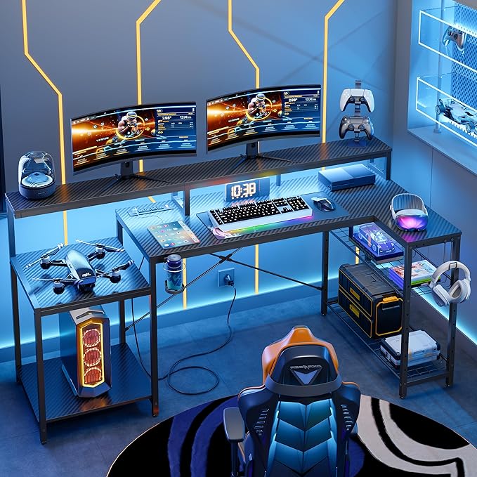 Bestier Gaming Desk with Power Outlet, 71.5 inch LED Computer Desk with Monitor Stand, L Shaped Large Desk with Metal Shelf, Cup Holder & Headset Hooks, Corner Desk for Bedroom 3D Carbon Fiber - LeafyLoom
