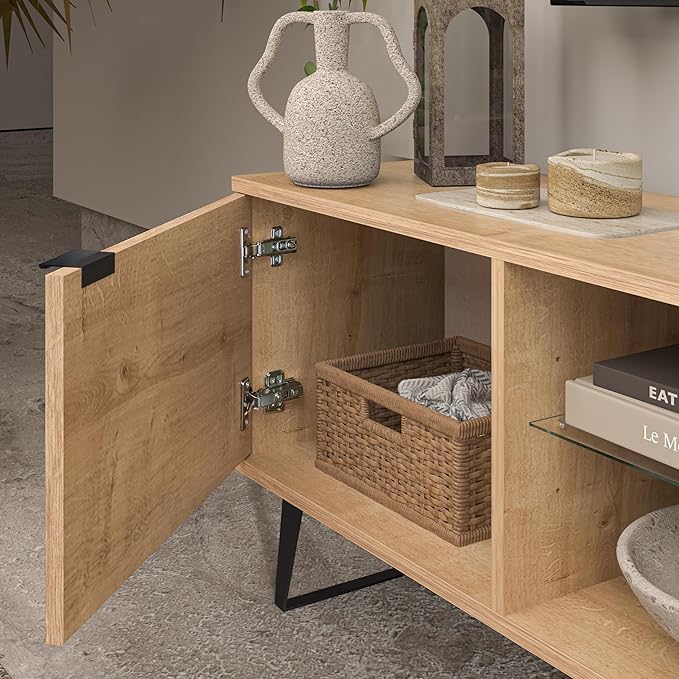 Atelier Mobili Mid Century Modern TV Stand 75 inch | Farmhouse Entertainment Center with Storage | TV Stand for 75 Inch TV | Oak TV Stand for Living Room Entertainment Center for Bedroom TV Stand - LeafyLoom