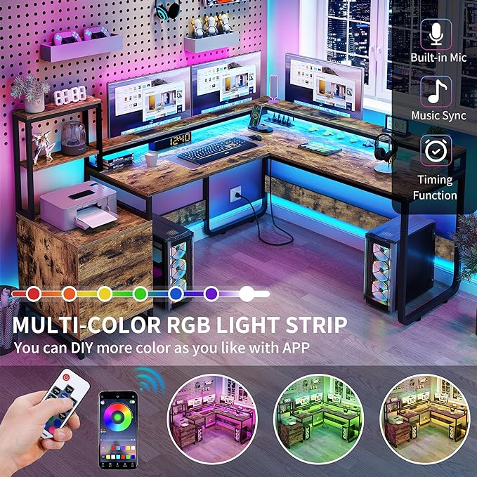 YITAHOME L Shaped Desk with Power Outlets & LED Lights, Reversible Computer Desk with Drawers & Hutch, Corner Desk Office Desk with Monitor Stand, Printer Stand, 2 Person Desk, Rustic Brown - LeafyLoom