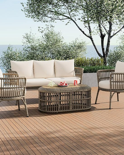 Furniture 4-Piece Outdoor Patio Conversation Seating for 5 Person and Coffee Table, Rattan Chair Wicker Sofa Bistro Sets for Porch, Backyard and Garden, Brown - LeafyLoom