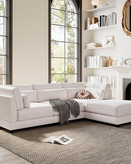 110.6" Modern 2 Pieces L Shaped Sofa with Removable Ottomans and Comfortable Waist Pillows, 4 Seat Large Upholstery Sectional Couch for Living Room, Office, Home, Apartment, Beige, 110.6 Inch - LeafyLoom