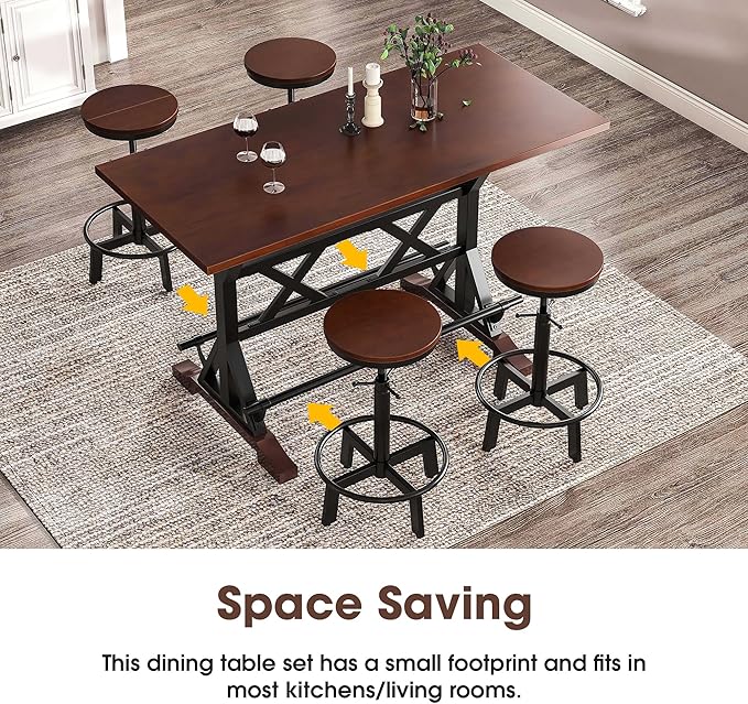 NicBex Dining Table Set for 4 Kitchen Table Set 59" Wooden Sofa Side Table with Adjustable Height Stools, Modern Bar Table and Chairs for Living Room, Dining Room, Espresso - LeafyLoom