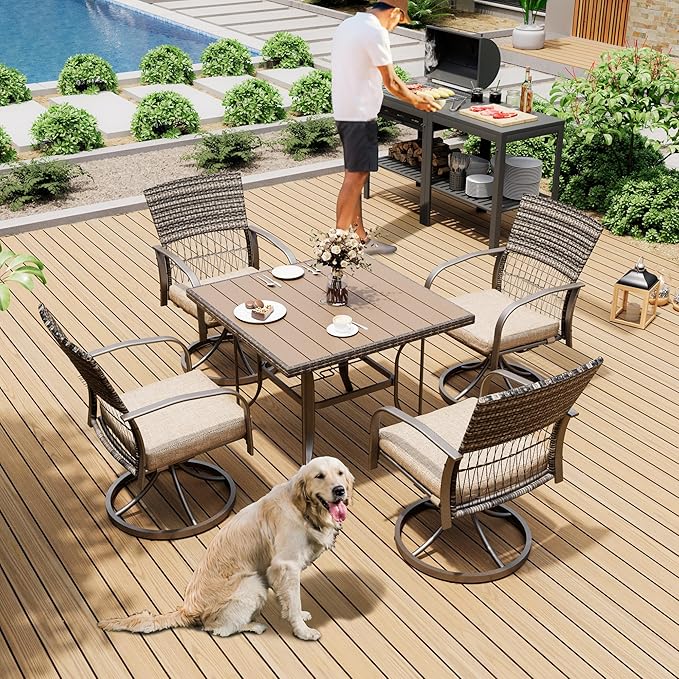 Pamapic 5 Piece Patio Dining Set for 4,Wicker Outdoor Furniture Set for Backyard Garden Deck Poolside with Square Plastic-Wood Table Top,4 Cushions Swivel Rocker Chairs,Removable Cushions(Beige) - LeafyLoom