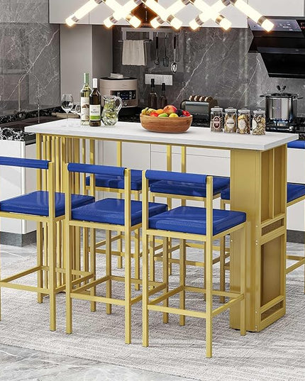 7-Piece Multi-Functional Modern Counter Height Dining Bar Table Set with Open Shelves and 6 Upholstered Stools with Gold Metal Frame for Home Pub Kitchen Room (White+Blue) - LeafyLoom