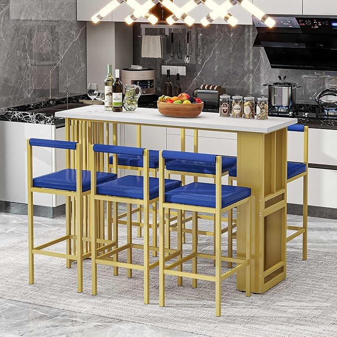 7-Piece Multi-Functional Modern Counter Height Dining Bar Table Set with Open Shelves and 6 Upholstered Stools with Gold Metal Frame for Home Pub Kitchen Room (White+Blue) - LeafyLoom