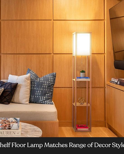 Brightech Maxwell - Modern Shelf Floor Lamp with Lamp Shade and LED Bulb - Corner Display Floor Lamps with Shelves for Living Room, Bedroom and Office - Natural Wood - LeafyLoom
