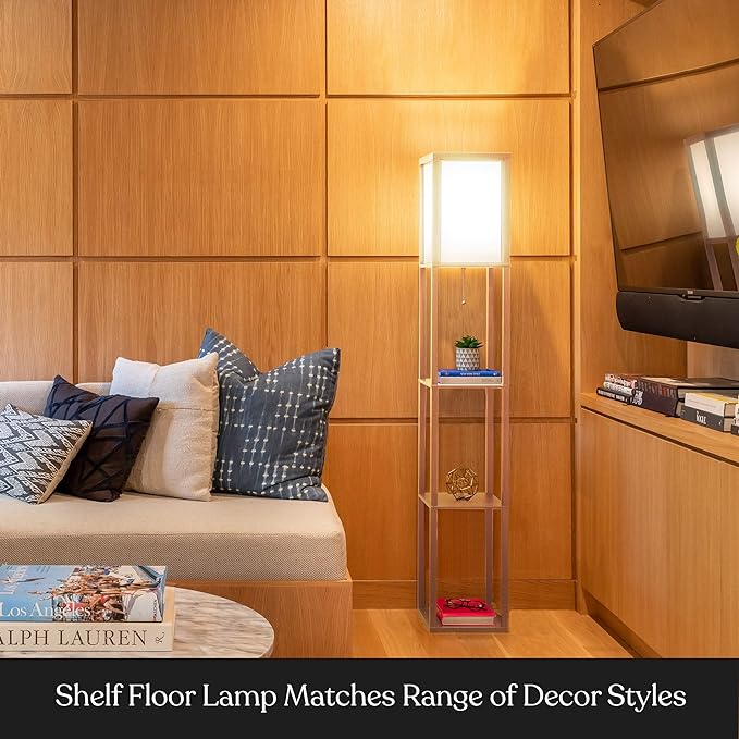 Brightech Maxwell - Modern Shelf Floor Lamp with Lamp Shade and LED Bulb - Corner Display Floor Lamps with Shelves for Living Room, Bedroom and Office - Natural Wood - LeafyLoom