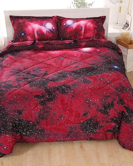 Wowelife Galaxy Bedding Sets for Boys and Girls 5-Piece Full, Premium Galaxy Bed in a Bag Red, 3D Galaxy Comforter Set, Comfortable and Soft Kids Bedding Set - LeafyLoom