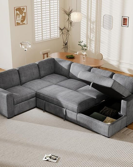 116.5" U-Shaped Corduroy Modular Sectional Storage Chaise and Pulled Out Bed, 6-Seater Oversized Corner Sofa w/USB Interfaces for Living Room, Office, Spacious Space, Gray, 116.5 Inch - LeafyLoom