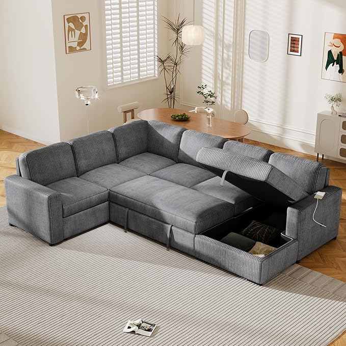 116.5" U-Shaped Corduroy Modular Sectional Storage Chaise and Pulled Out Bed, 6-Seater Oversized Corner Sofa w/USB Interfaces for Living Room, Office, Spacious Space, Gray, 116.5 Inch - LeafyLoom