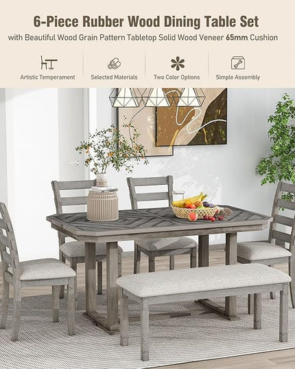 6-Piece Rubber Wood Dining Table Set with Beautiful Grain Pattern Tabletop Solid Wooden Veneer and Soft Cushion Chairs, for Kitchen, Diningroom, Living Room, Home Bar, Brown+Grey - LeafyLoom