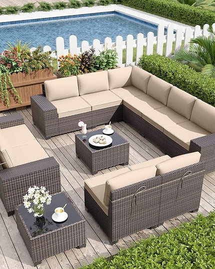 Patio Furniture Set Sofa 12-Pieces Wicker Sectional Sofa Set, Outdoor Furniture Rattan Patio Conversation Set with Thickened Cushions and Glass Coffee Table, Sand - LeafyLoom