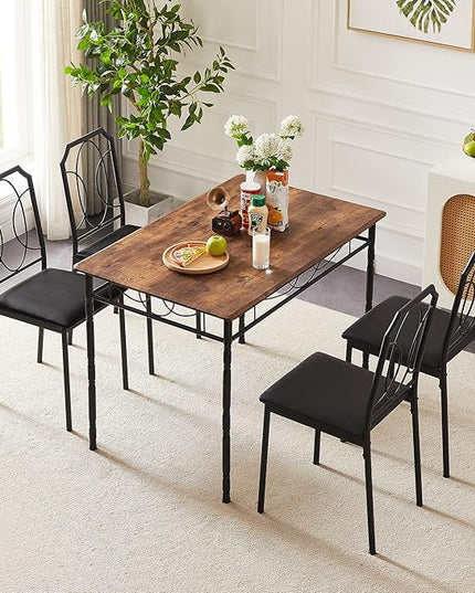 VECELO 5 Pieces Sets,43.3" Table&Chairs for 4,Industrial Counter Height Tabletop with Bar Stools, Rectangle Breakfast Chairs, Living Room, Apartment, Dining Table for 4, Brown - LeafyLoom