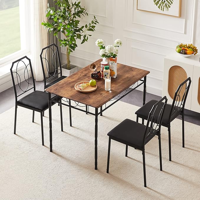 VECELO 5 Pieces Sets,43.3" Table&Chairs for 4,Industrial Counter Height Tabletop with Bar Stools, Rectangle Breakfast Chairs, Living Room, Apartment, Dining Table for 4, Brown - LeafyLoom