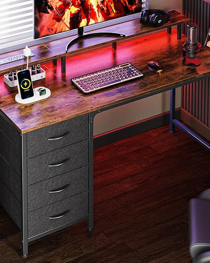 47 Inch Computer Desk with Power Outlets and LED Lights, Gaming Desk with 4 Drawers, Office Desk with Monitor Stand, Study Desk Work Desk for Home Office, Small Spaces, Rustic Brown - LeafyLoom
