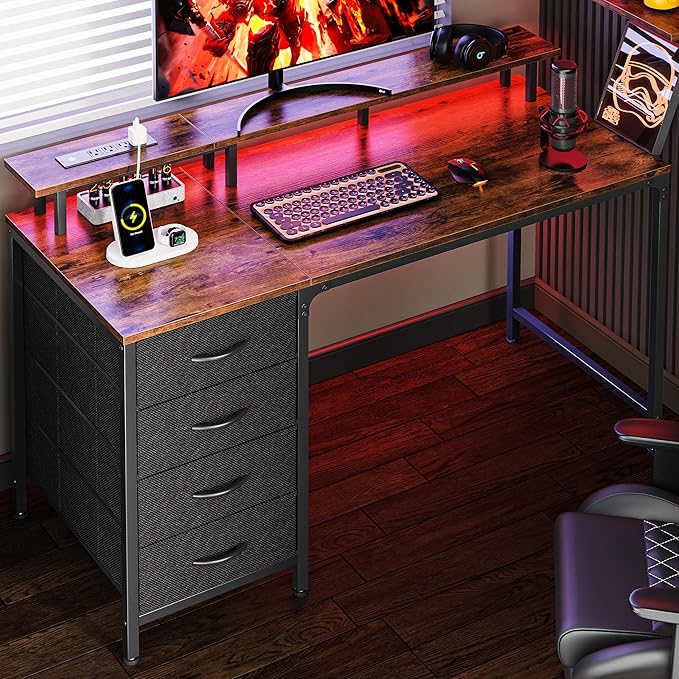 47 Inch Computer Desk with Power Outlets and LED Lights, Gaming Desk with 4 Drawers, Office Desk with Monitor Stand, Study Desk Work Desk for Home Office, Small Spaces, Rustic Brown - LeafyLoom