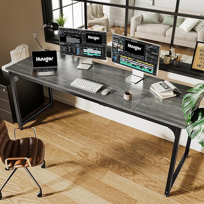 Computer Desk, 70 Inch Office Desk, Gaming Desk with Storage, Writing Desk Work Desk for Home Office, Study, Long Simple Desk, Large Legroom, Metal Frame, Grey - LeafyLoom