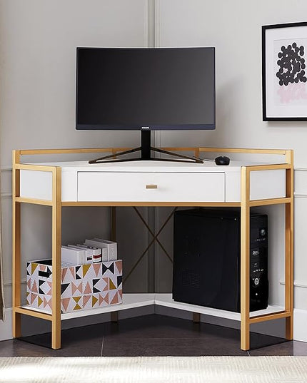 Leick Home 9230-WTGL Claudette Mixed Metal and Wood Desk, 48" W, White/gold - LeafyLoom