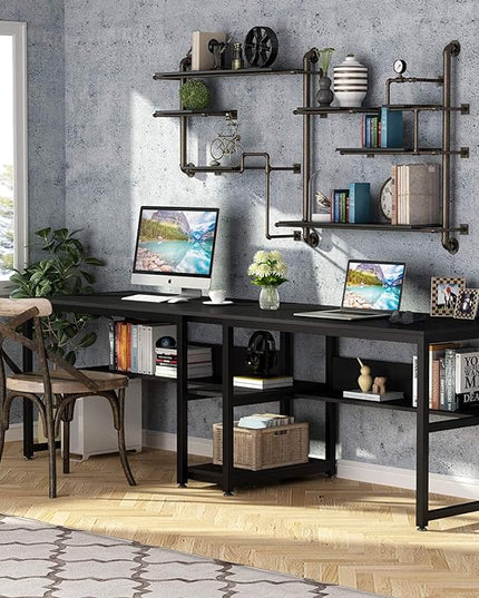 Tribesigns Two Person Desk with Bookshelf, 78.7 Computer Office Double Desk for Two Person, Rustic Writing Desk Workstation with Shelf for Home Office (Black) - LeafyLoom