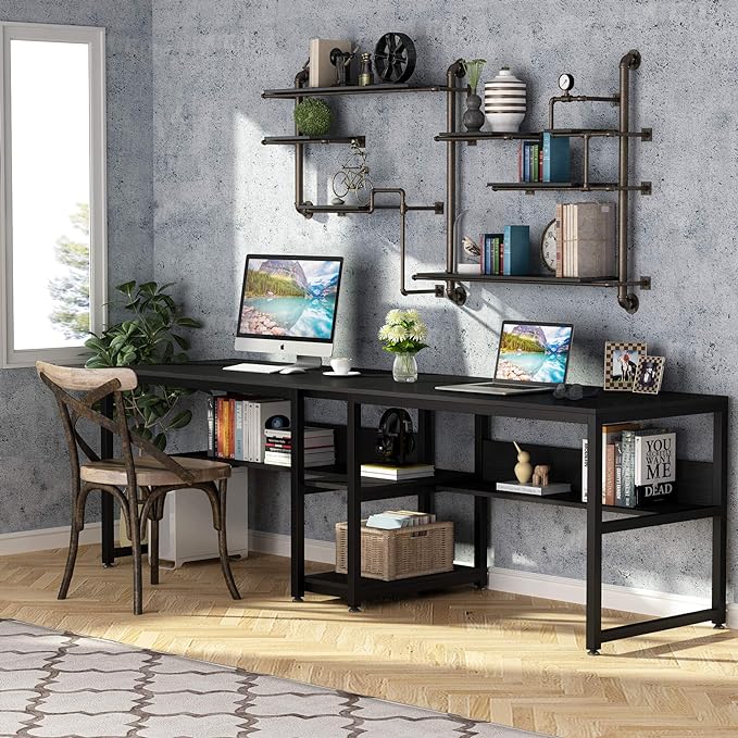 Tribesigns Two Person Desk with Bookshelf, 78.7 Computer Office Double Desk for Two Person, Rustic Writing Desk Workstation with Shelf for Home Office (Black) - LeafyLoom