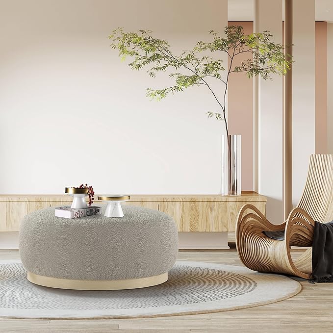 Round Ottoman Coffee Table, Modern Boucle Upholstered Center Table for Living Room Circle Accent Coffee Table for Bedroom Entryway Office - LeafyLoom