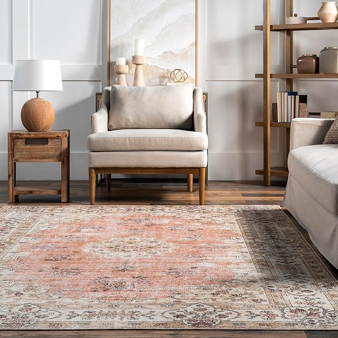 nuLOOM Ren Vintage Floral Machine Washable Ultra Thin Area Rug, 8x10, Peach - LeafyLoom